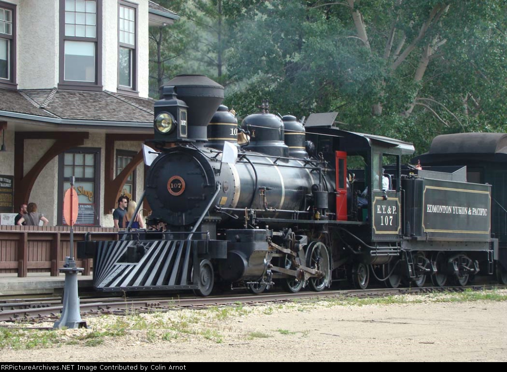 EYP 107 Brings its train into the station at Fort Edmonton Park